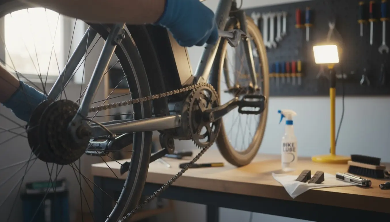 Nærbillede af eftersyn af elcykel med hænder, kæde og bremseklodser under inspektion i en lys garage.