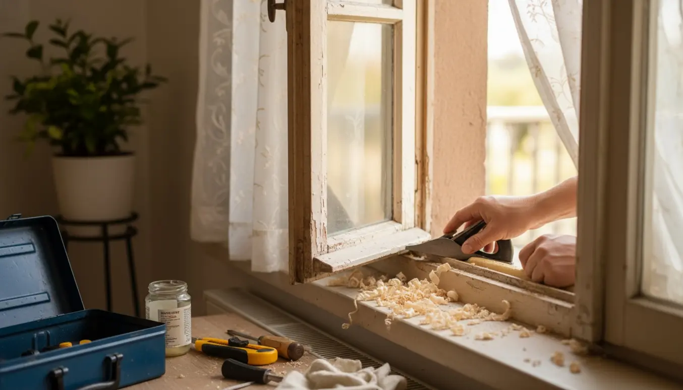Nærbillede af hænder der reparerer et gammelt trævindue fra 1970 med værktøj på vindueskarmen.