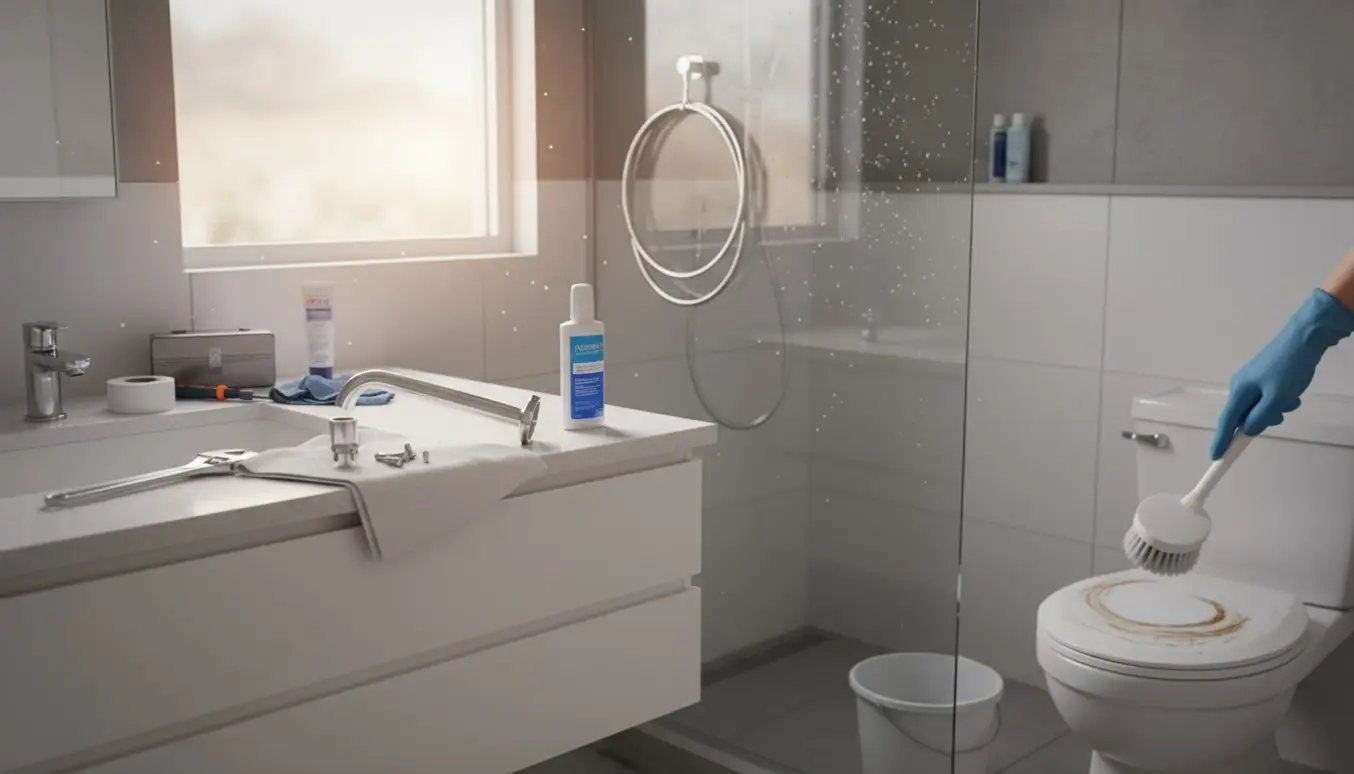 Nyt brusehoved og vandhane klar til montering, mens en handskebeklædt hånd afkalker toilettet.