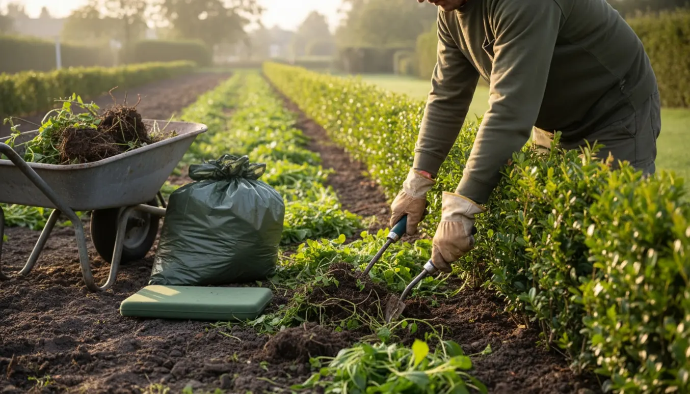 Nærbillede af en ny plantet hæk med handsker, håndriver og en trillebør fuld af ukrudt klar til bortskaffelse.