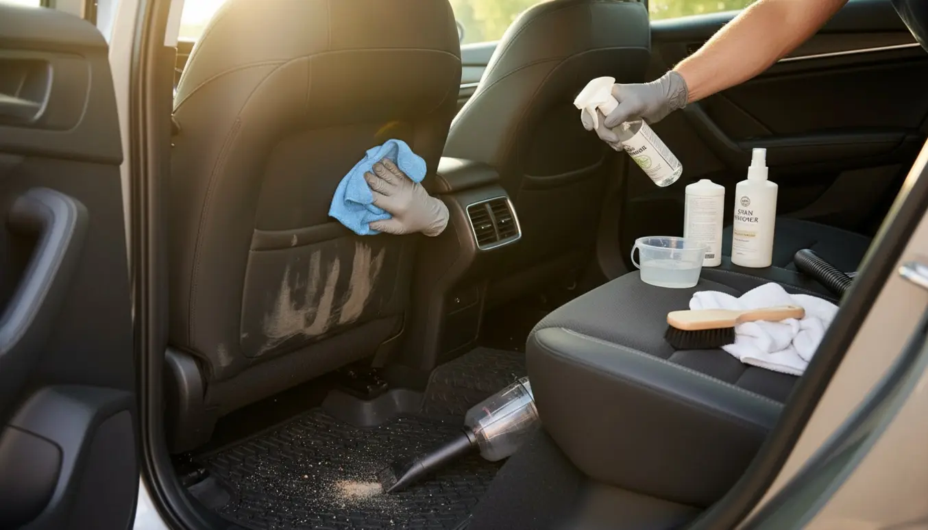 Hånd i handsker tørrer skomærker af bageste bilsæde med klud og støvsuger ved siden af.