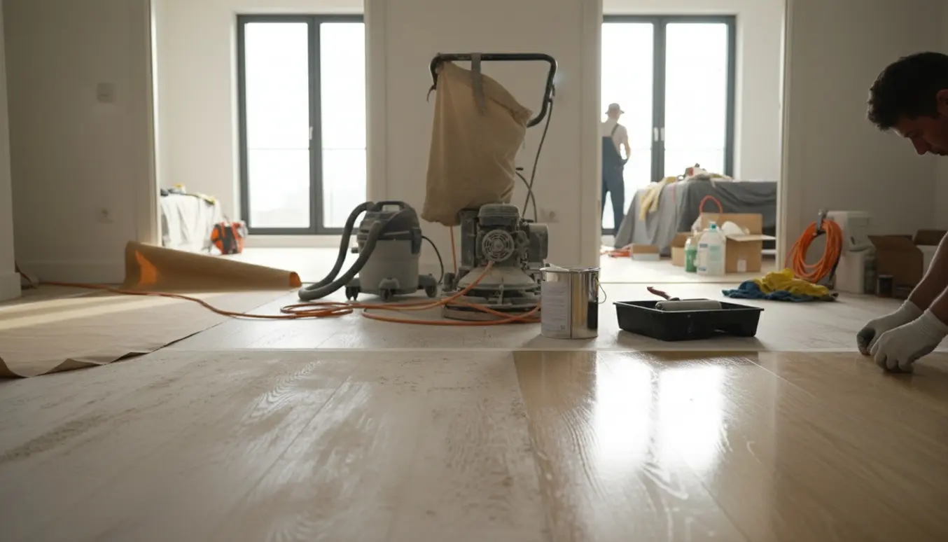 Slebet og nylakeret egetræsgulv i en moderne lejlighed med slibemaskine og værktøj i baggrunden.