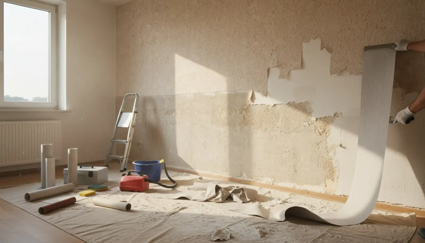 Gloveklædte hænder fjerner savsmuldstapet fra en halvafskallet væg i en lejlighed med afdækningsdug og værktøj i naturligt lys.