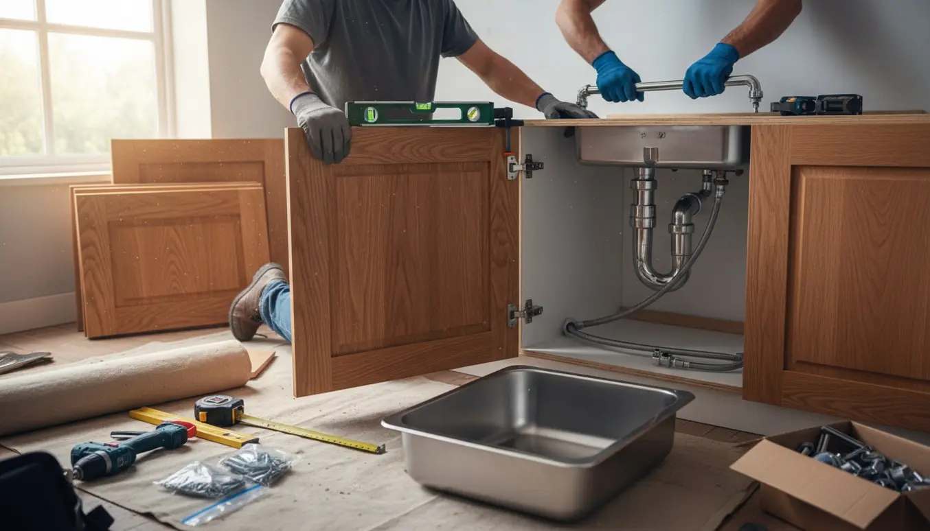 Håndværkere udskifter et køkken med fokus på nye skabe, værktøj og rør under vasken.