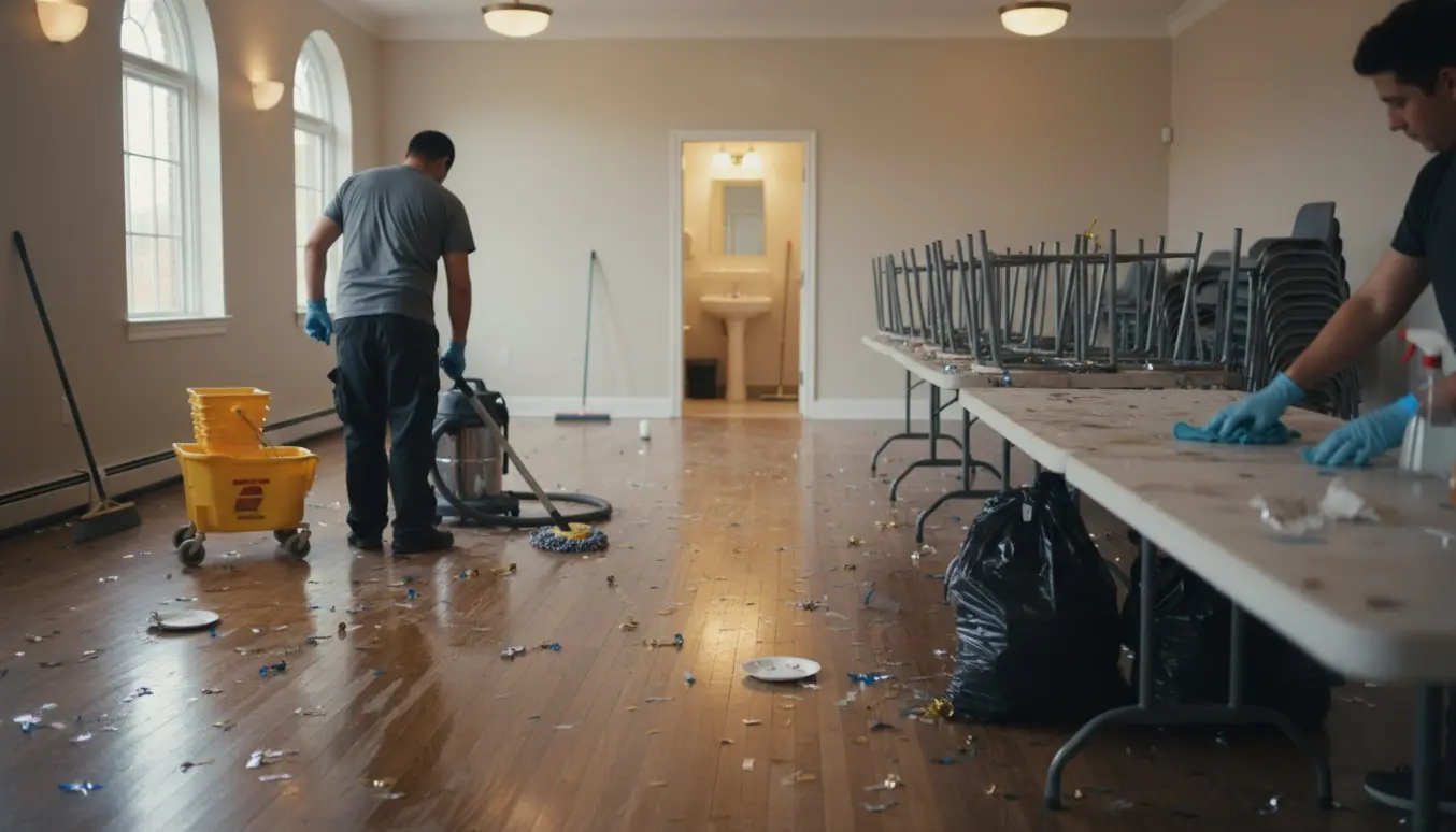 Rengøring af et mellemstort festlokale efter nytår med moppe, spand, støvsuger og konfetti på gulvet.
