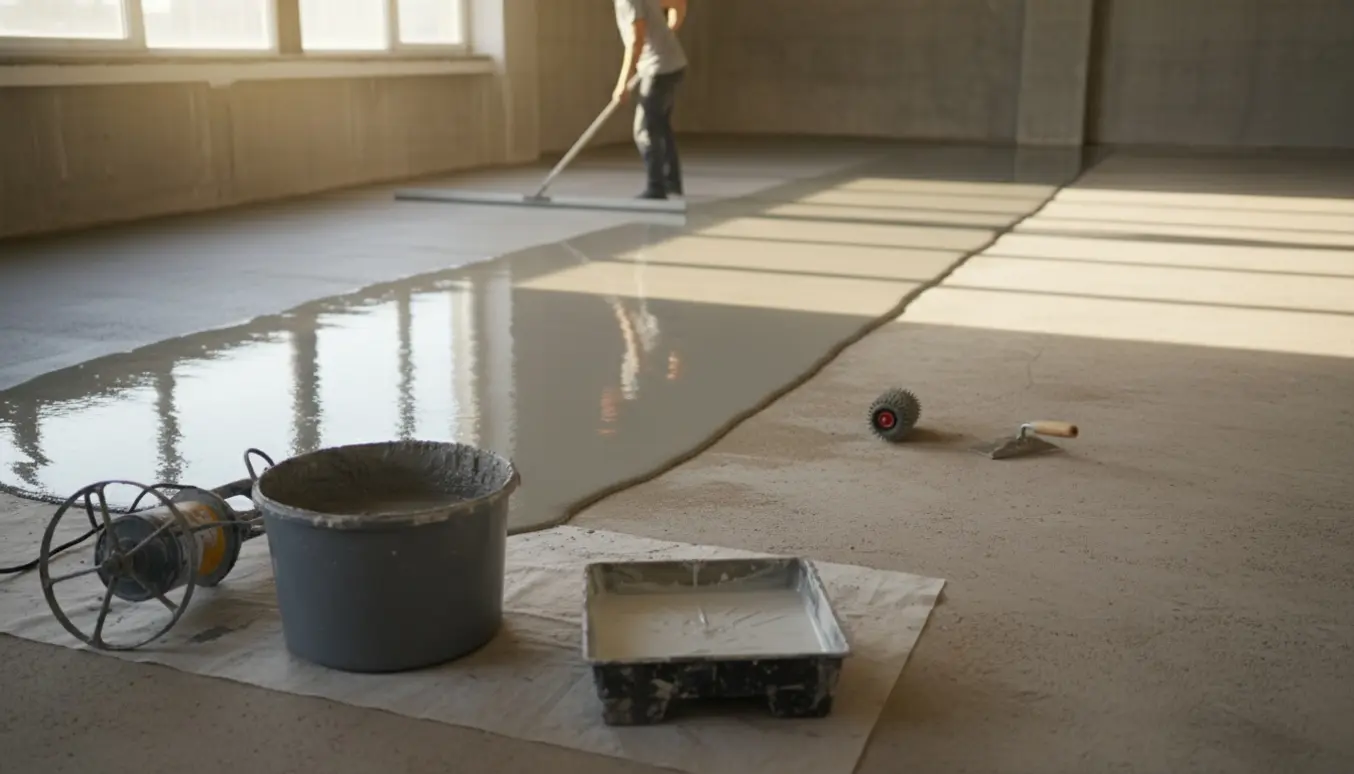 Påføring af primer og flydespartel på et betongulv med værktøj klar i forgrunden.