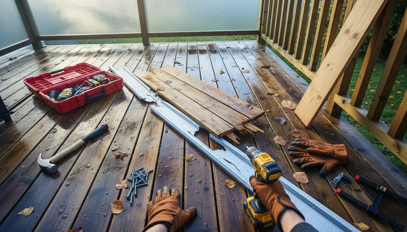 Faldet træbræt og knækket aludækliste på en overdækket terrasse med værktøj klar til reparation.