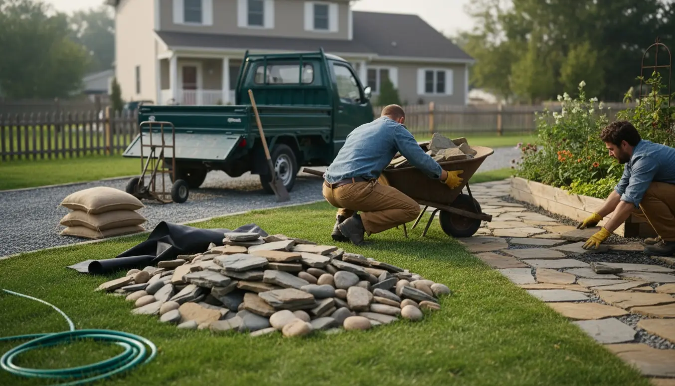 Arbejdshænder læsser landskabssten i en trillebør ved en lille pickup uden tydelige ansigter i en solbeskinnet have.