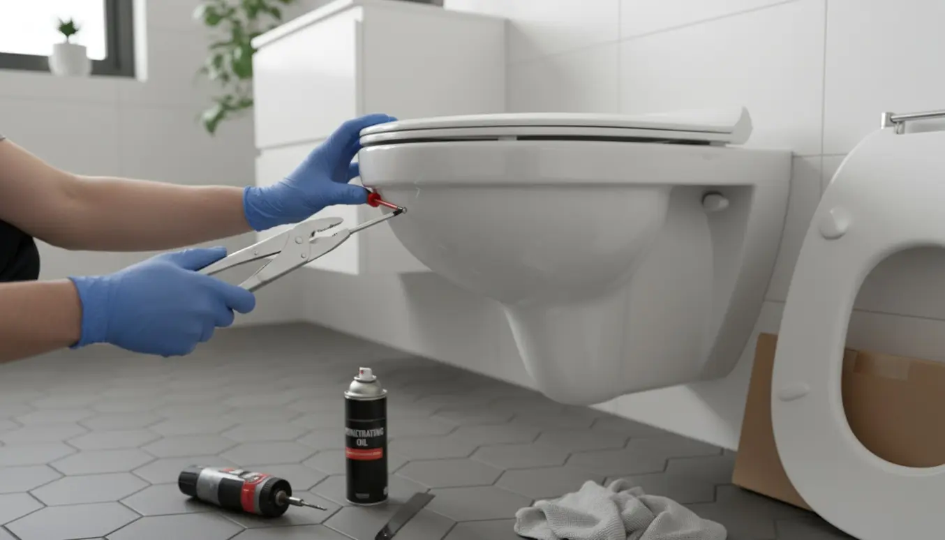 Nærbillede af hænder i handsker og tænger der fjerner et fastsiddende toiletsæde fra et moderne hvidt toilet.