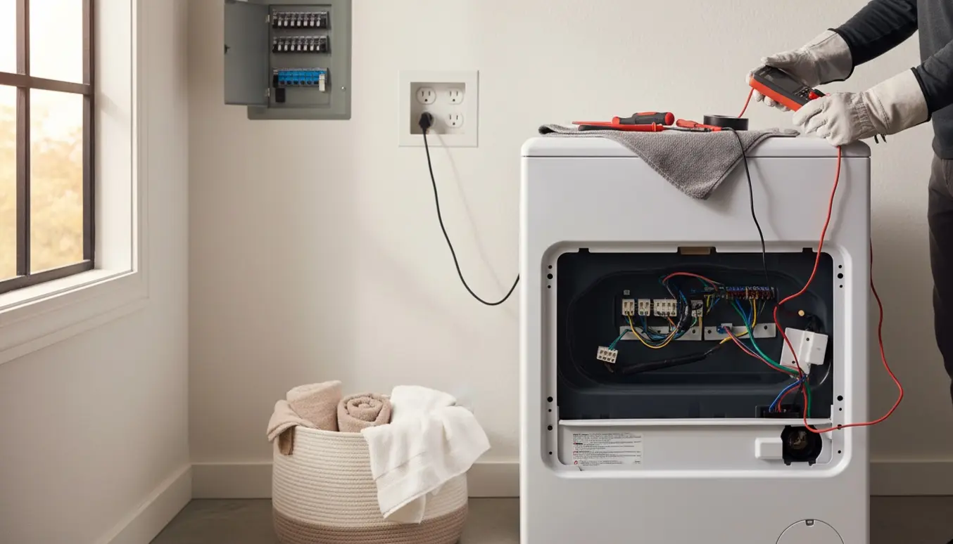 Hænder med isolerede handsker tester en tørretumblers stikkontakt med et multimeter i et lyst, ryddeligt vaskerum.