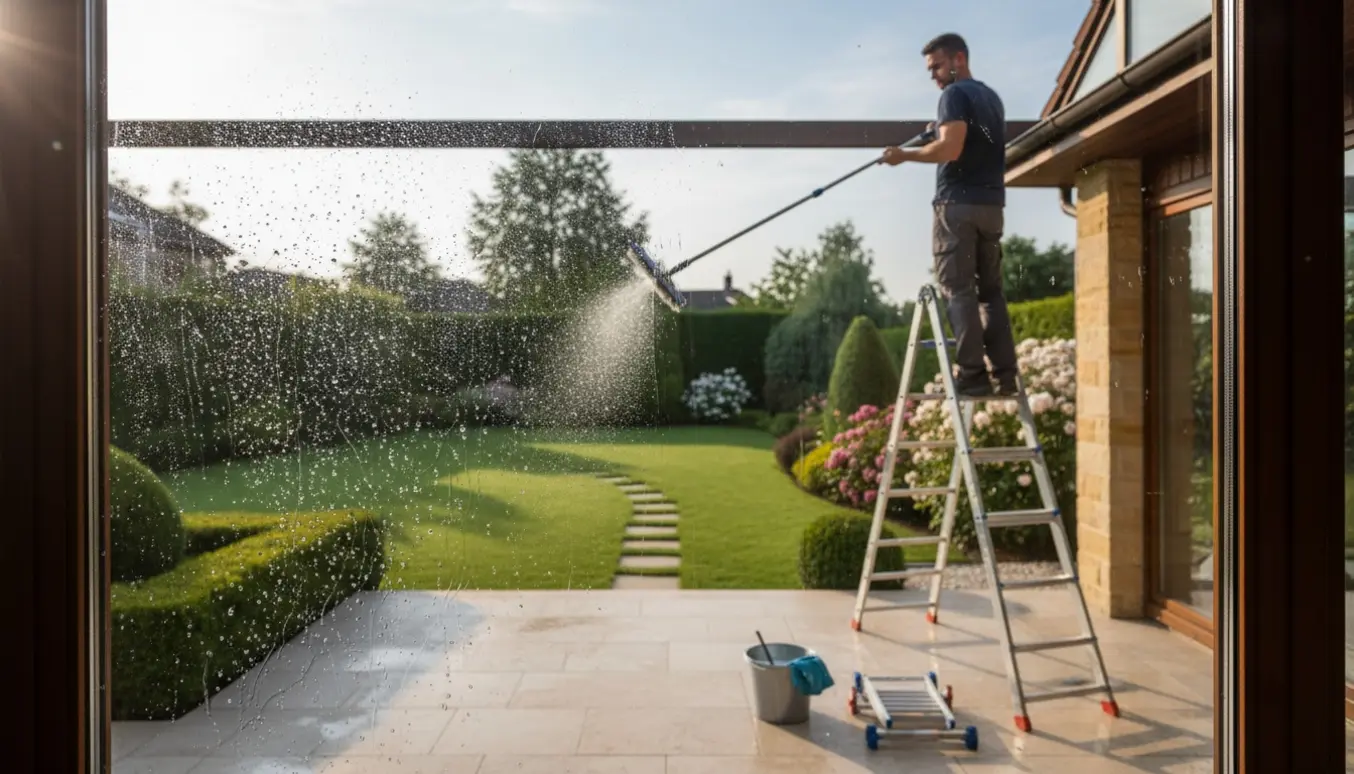 Udvendig vinduespudsning på en villa med udestue, hvor ruden er halvt aftørret og skinner i morgensolen.