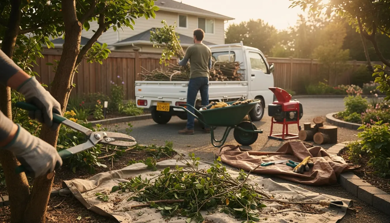 En person læsser afskårne grene i en trailer i en solrig villahave, med beskæringsredskaber og trillebør i forgrunden.
