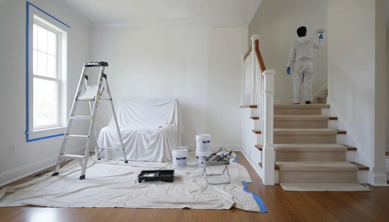 Indendørs scene med maling af hvide vægge og lofter, afdækningsdug, malerbøtter og trappeværk under fornyelse.