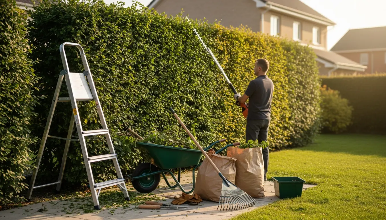 Bagfra set person klipper en høj bøgehæk med teleskophækkeklipper, omgivet af haveredskaber og affaldsposer.