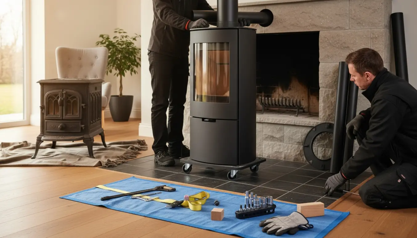 Teknikere holder skorstensrør op til en ny, lidt højere Varde-brændeovn under udskiftning i en stue.