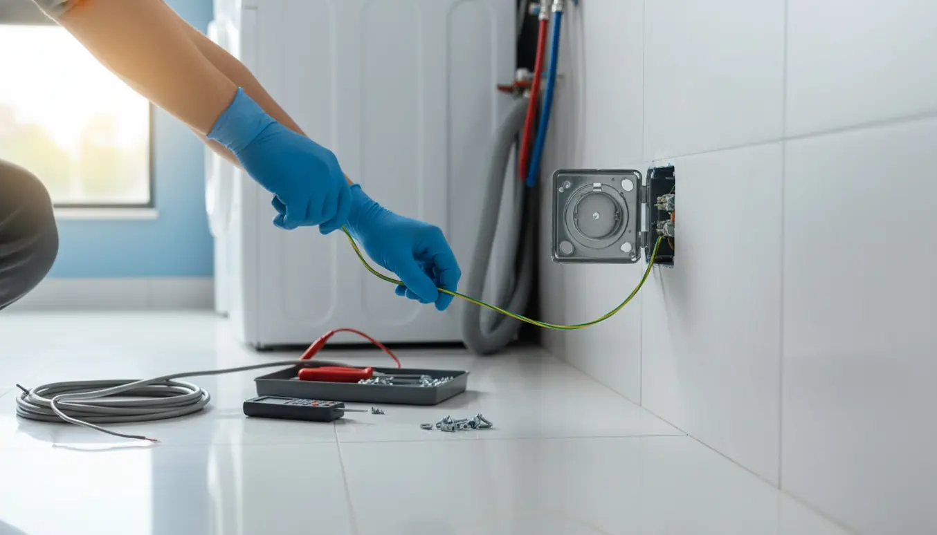 Nærbillede af hænder, der monterer et jordforbundet stik til en vaskemaskine i et lyst bryggers.