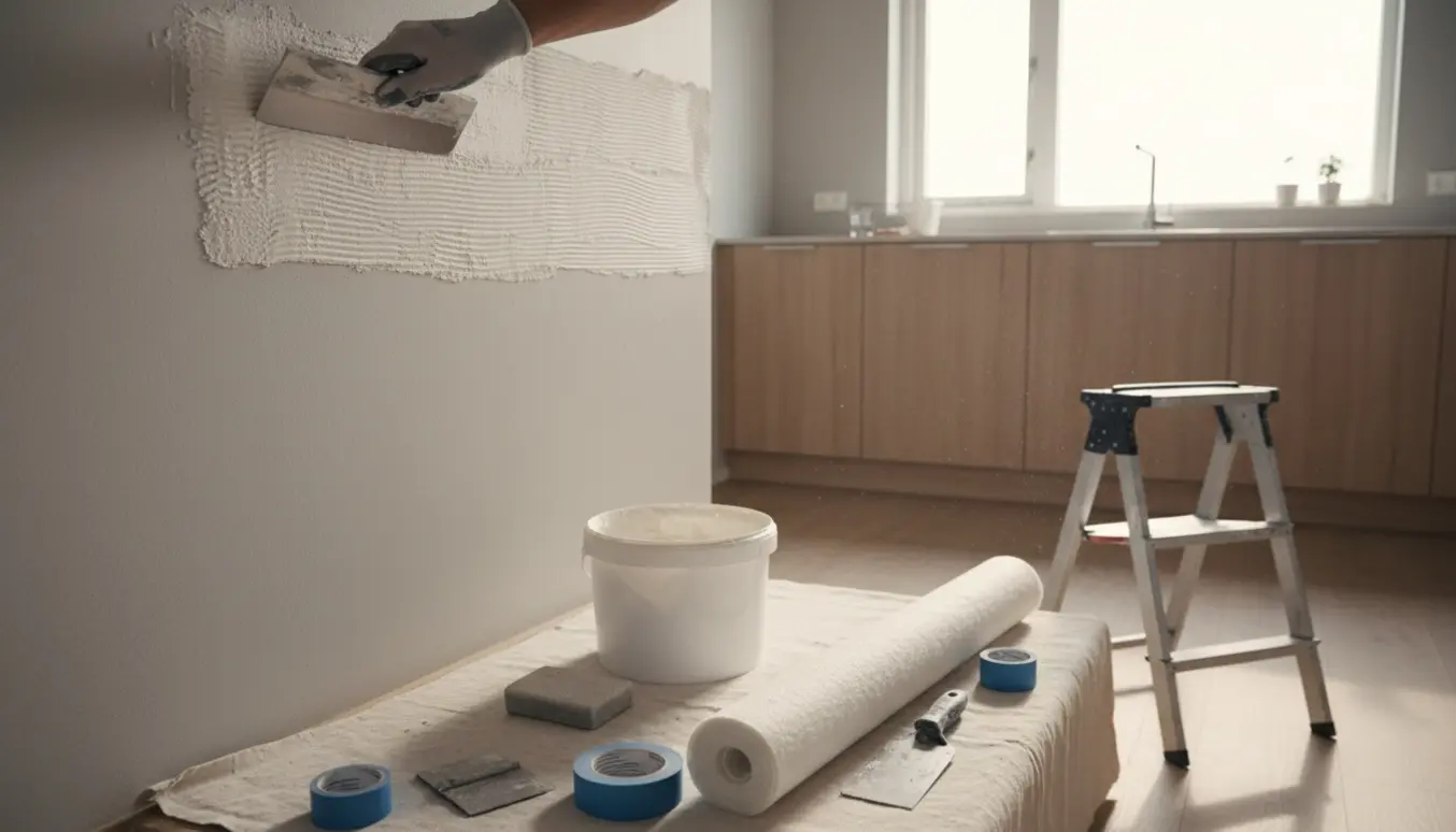 Nærbillede af spartling og filtopsætning i et lille ryddet køkken med værktøj og stige.