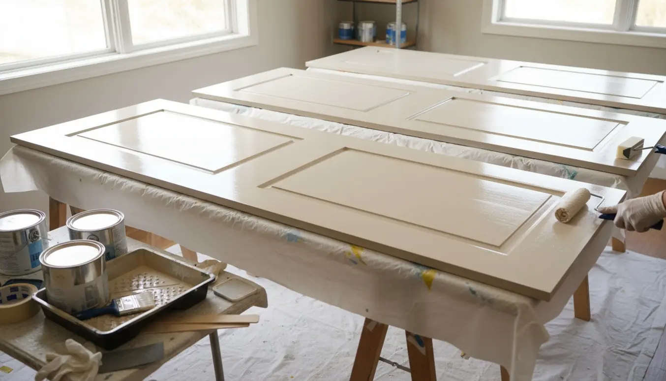 Pax skabslåger lagt på bukke og malet i to lag med rulle og pensel i naturligt dagslys.