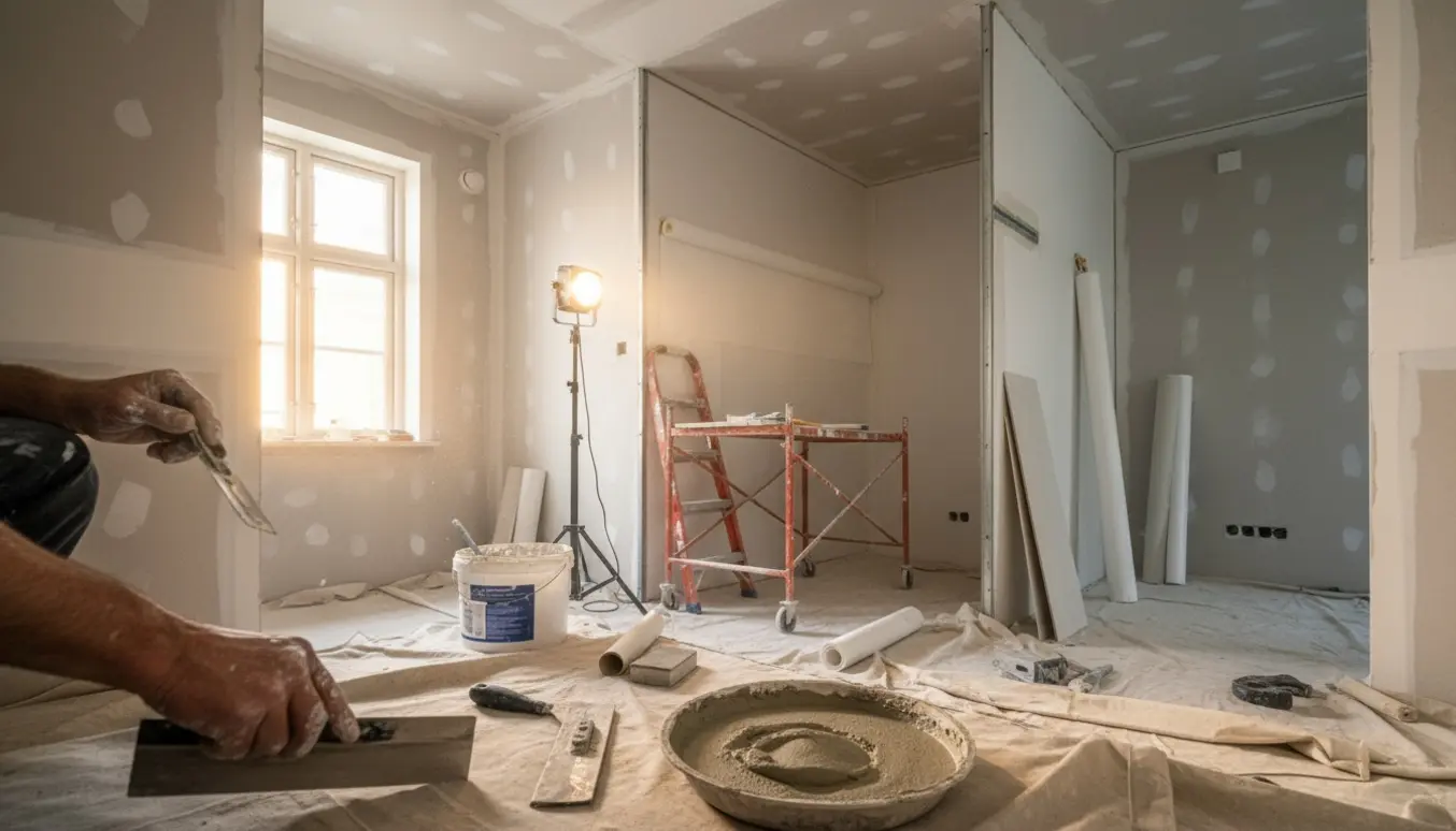 Nærbillede af spartling af vægge og opsætning af filt i et rum med værktøj og materialer.