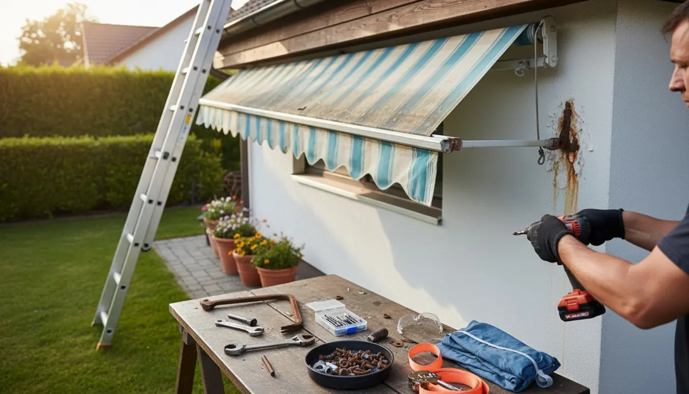 Høj stige og værktøj ved en delvist afmonteret gammel markise i en solrig have.