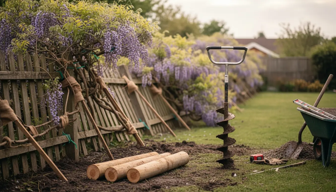 Delvist væltet træhegn med bevaret blåregn, tre nye runde stolper og et motoriseret pælebor klar til genopbygning.
