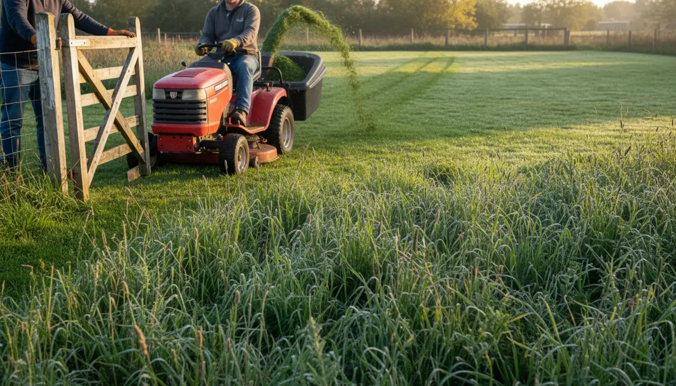 Kompakt havetraktor med opsamler køres gennem en smal havelåge for at slå og opsamle højt græs.