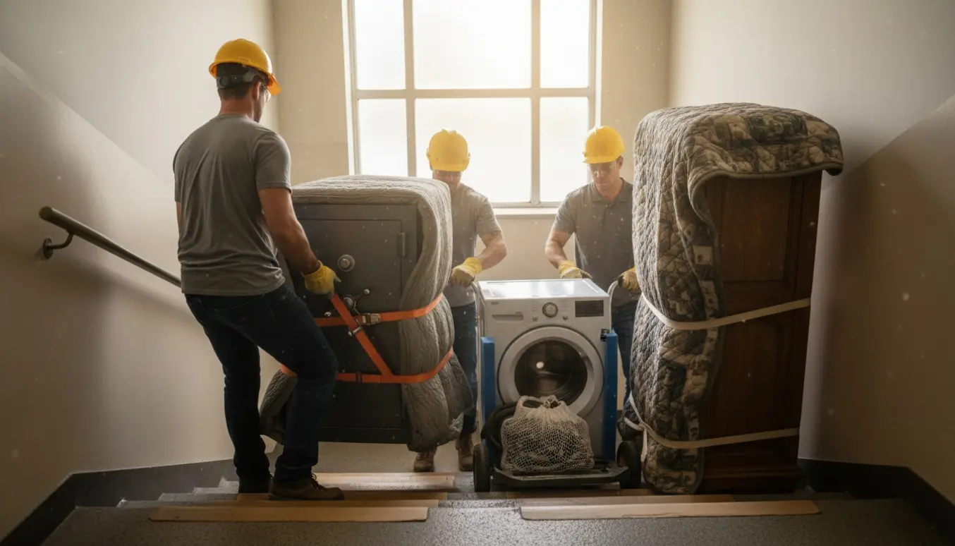 Flyttemænd løfter et tungt våbenskab, en vaskemaskine og et skab op ad en trappe mod tredje sal, beskyttet med tæpper og stropper.