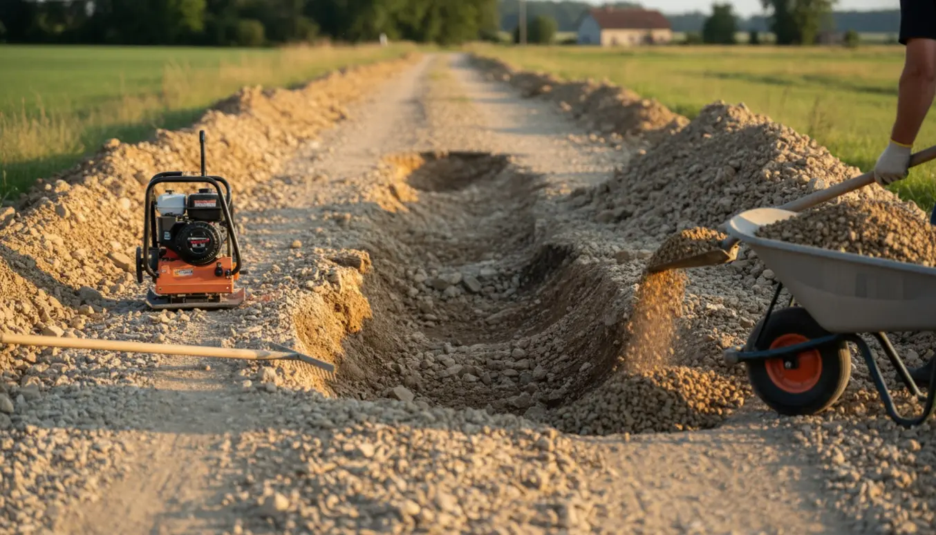 Udhulet grusvej med dybe riller i midten, trillebør og skovl klar til reparation.