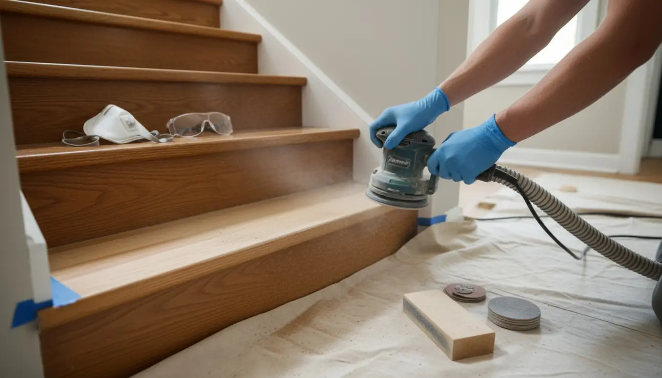 Hænder sliber en lakkeret trætrappe med excentersliber, et trin er delvist slebet og trappen går rundt om et hjørne.