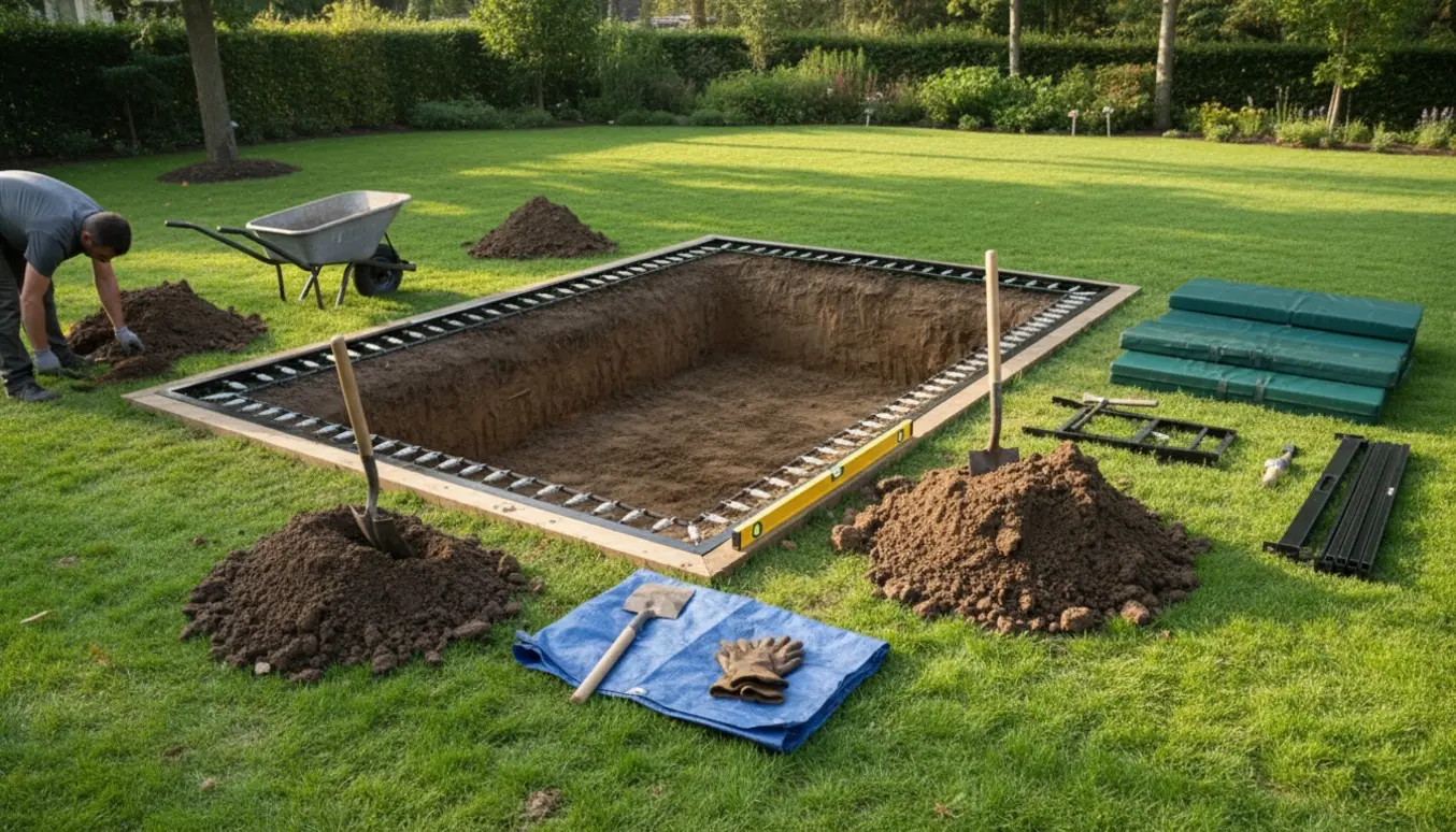 Nedgravet rektangulær trampolin under installation i baghave med opgravet jord og værktøj.