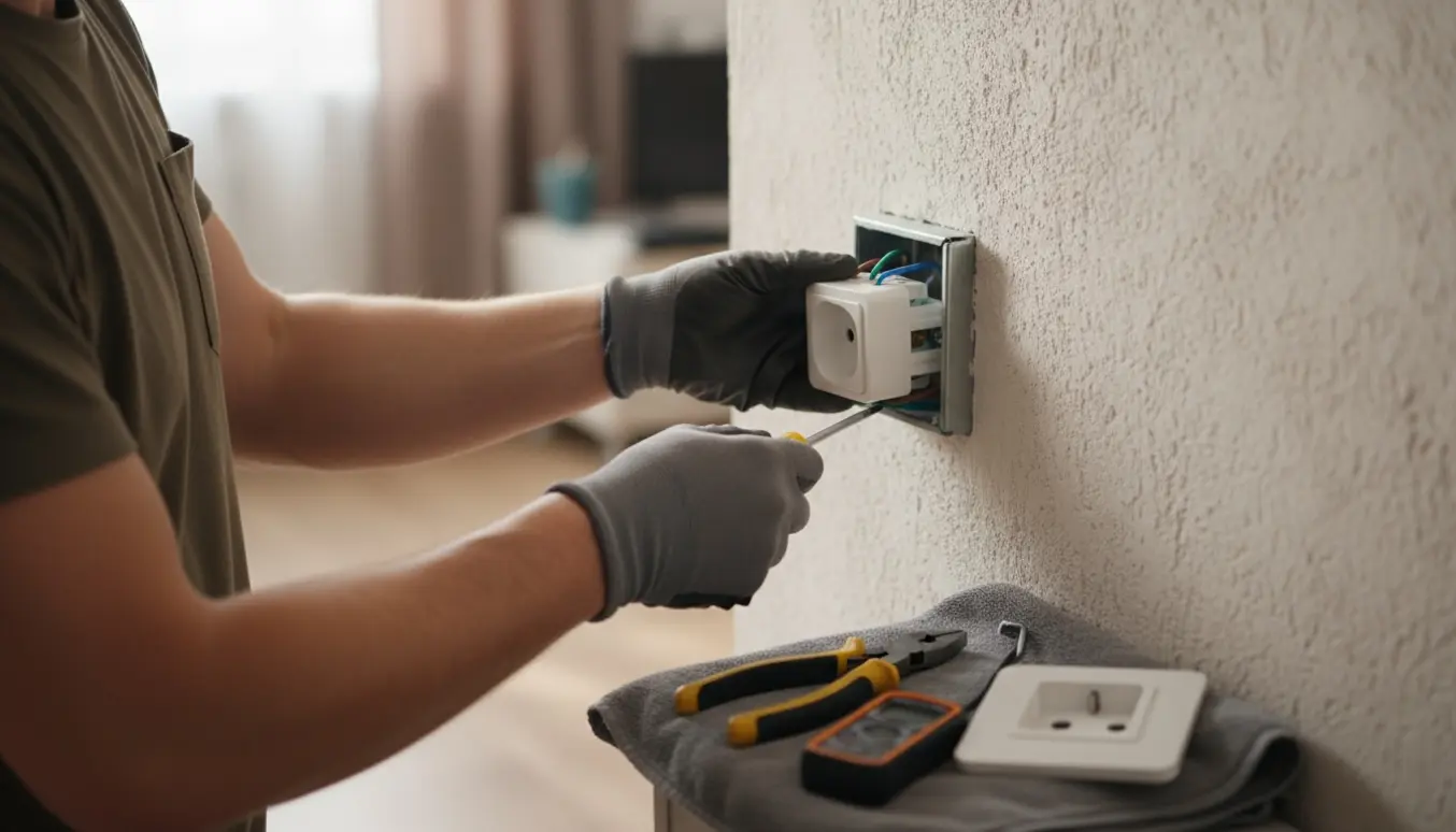 Nærbillede af indendørs installation af en ny stikkontakt med værktøj og isolerede handsker.