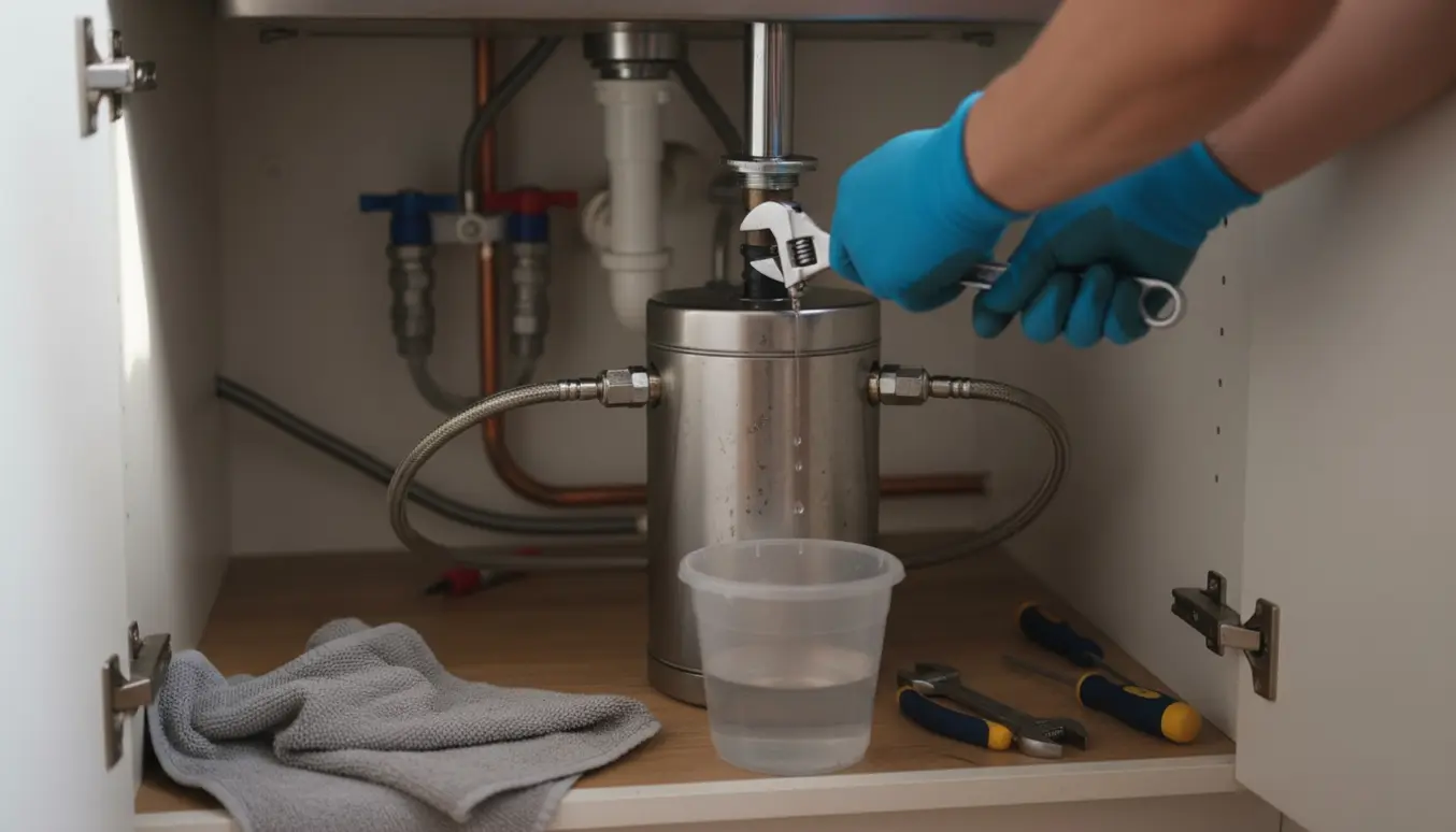 Nærbillede af hænder, der afmonterer en under-vask varmtvandsbeholder og kromhane med værktøj og spand til vand.