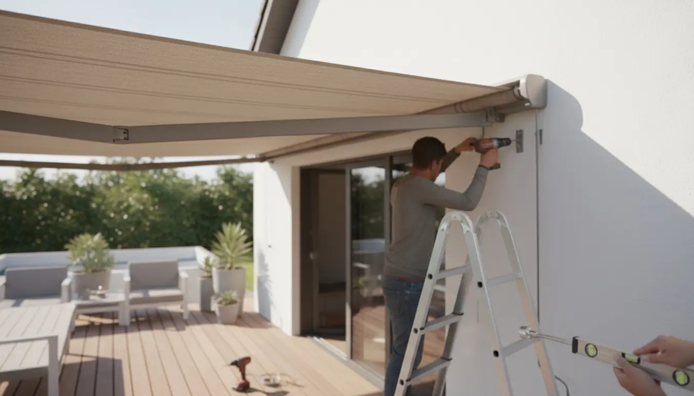 Montage af en fire meter bred markise med tre meters udfald over en træterrasse, håndværkere arbejder med bor og beslag.
