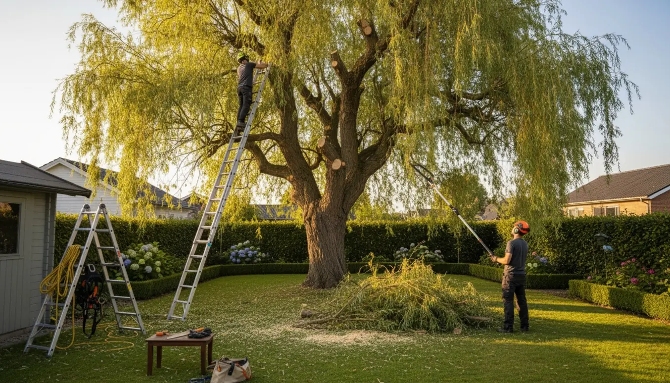 Meget høj guldpil i en forhave, hvor grene klippes med forlængersaks og stige, og afskårne grene ligger i bunke.