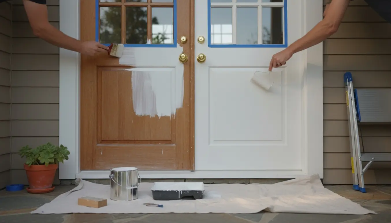 To udendørs trædøre malet hvide med pensel og rulle, set i en udendørs entré med greb og afdækning.