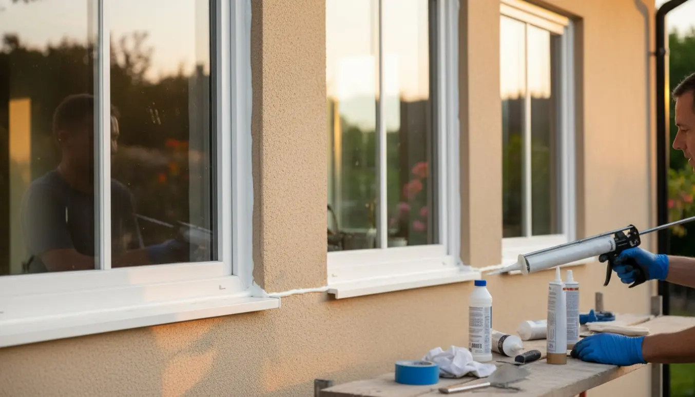 Hænder påfører fuge omkring tre nye vinduer på husets facade med en fugepistol.