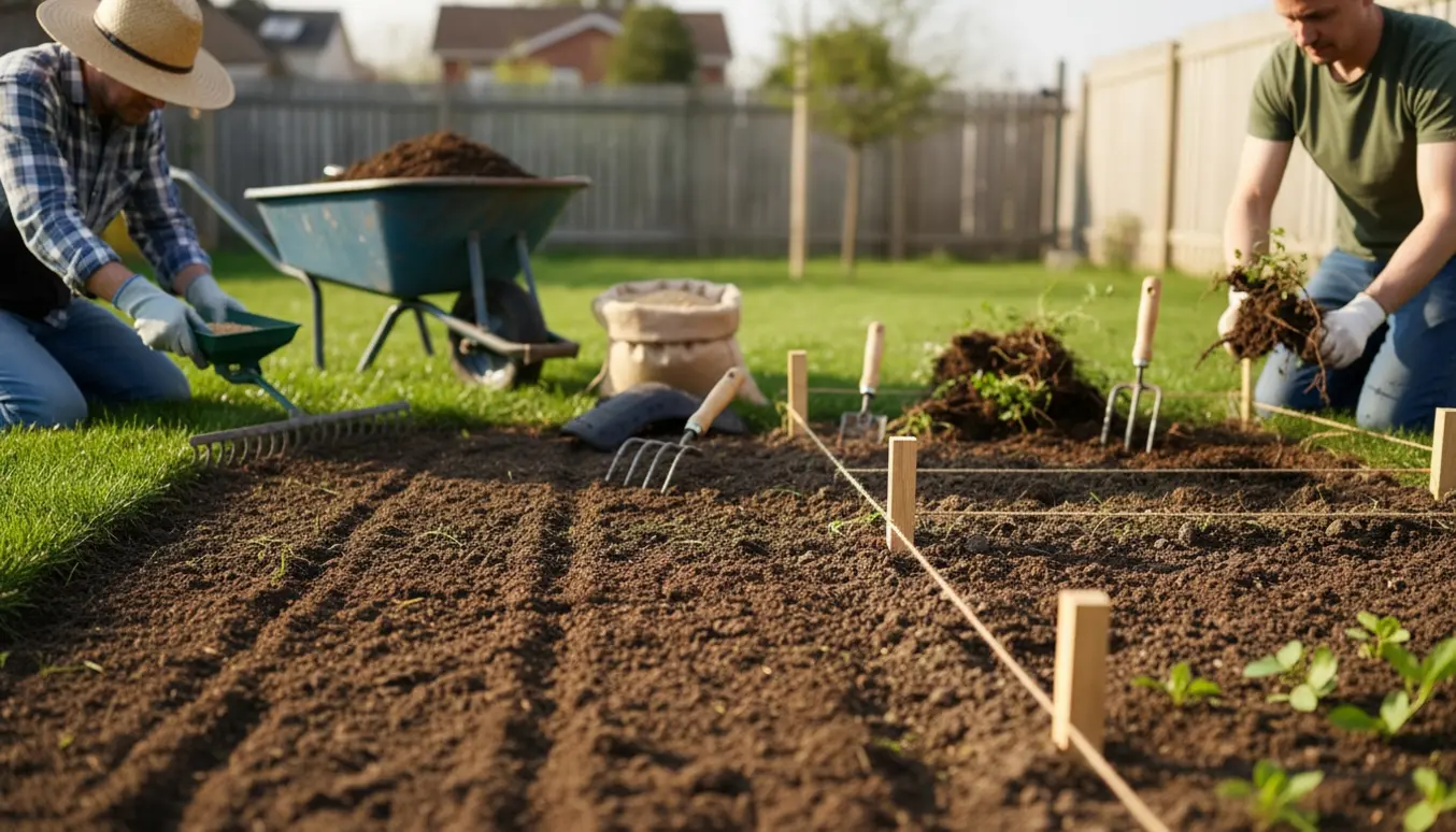 Havearbejde med udsåning af græs og fjernelse af ukrudt for at lave en blomstereng.
