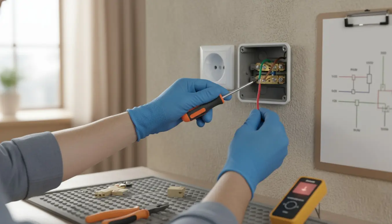 Nærbillede af elektrikers hænder, der arbejder på en stikkontakt og forbinder konstant strøm med isolerede værktøjer.