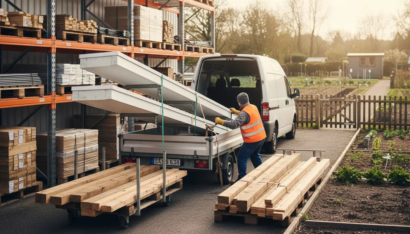 Læsning af lange tagplader og træstolper på en trailer foran et drive-in byggelager ved en kolonihave.