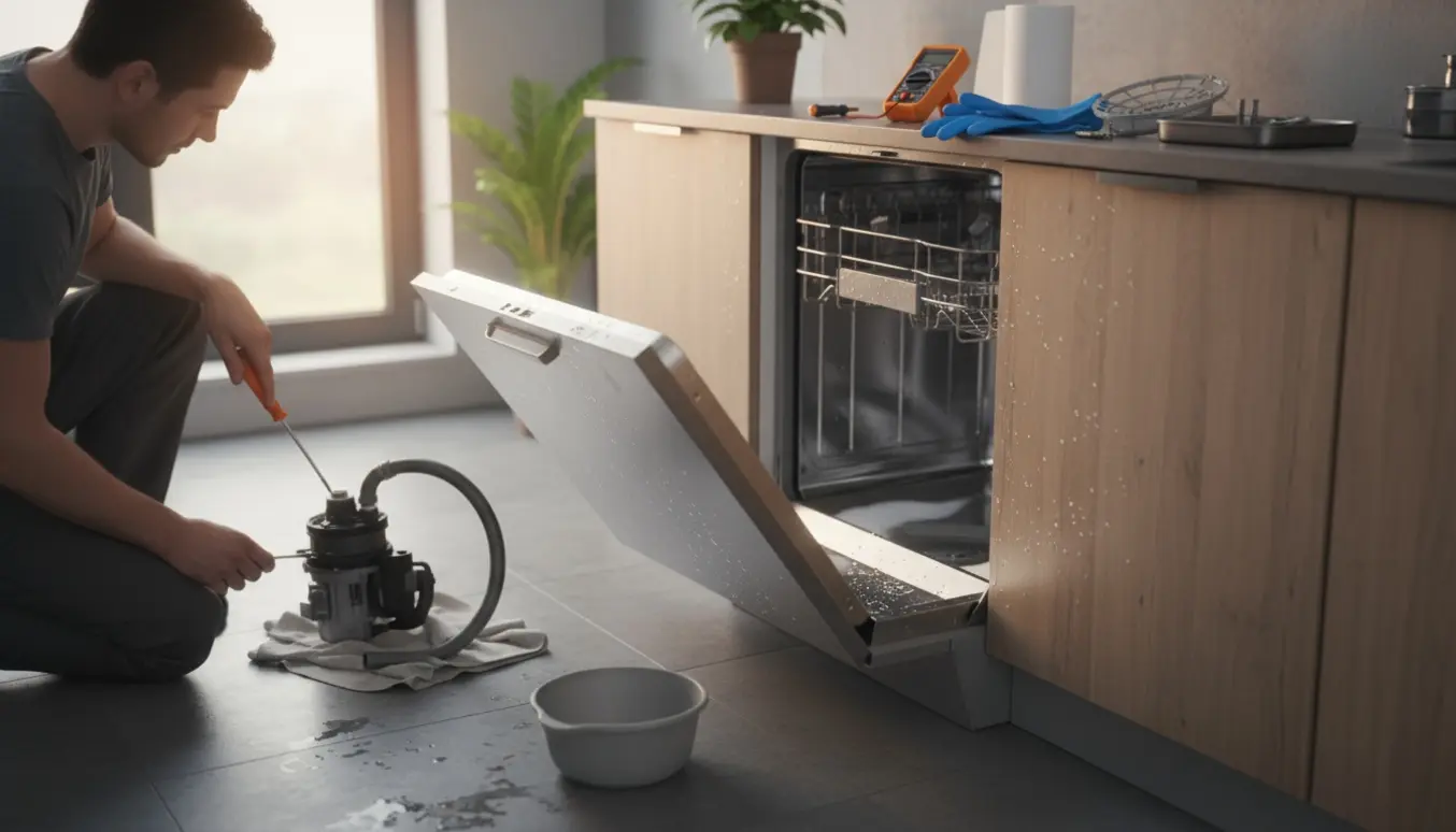 Åben indbygget opvaskemaskine med vand i bunden og værktøj på gulvet, mens en tekniker arbejder uden synligt ansigt.