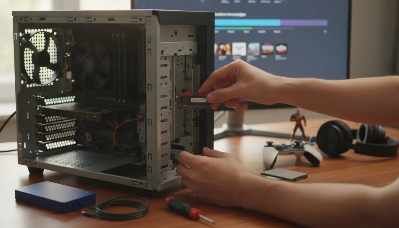 Hænder indsætter en SSD i en åben pc ved siden af en anden harddisk og en skærm med sløret filoverførsel.