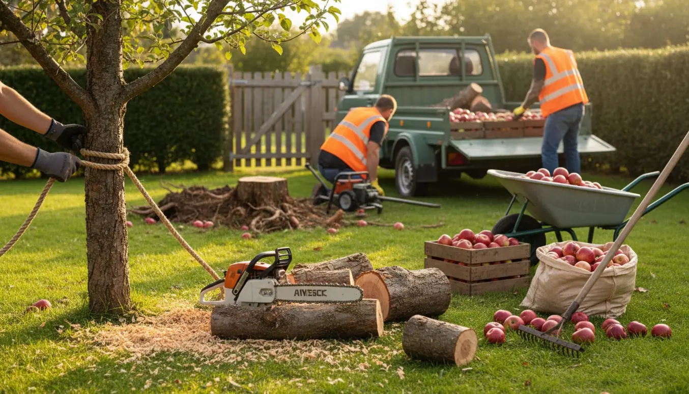 Solbelyst havearbejde med felning af et æbletræ, opsamling af æbler og lastning i trailer, uden at ansigter ses tydeligt.