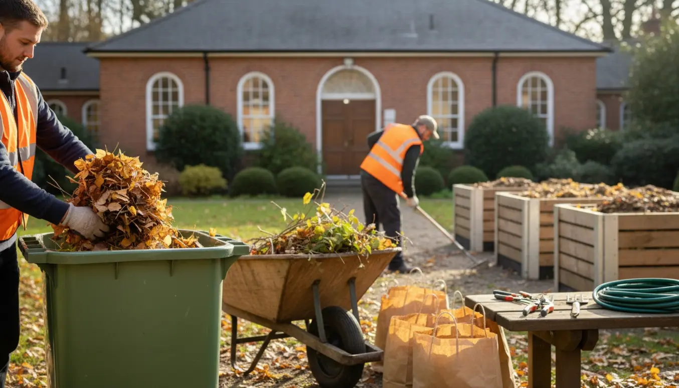 Personer lægger haveaffald i kompostbeholdere i en institutions gårdhave.