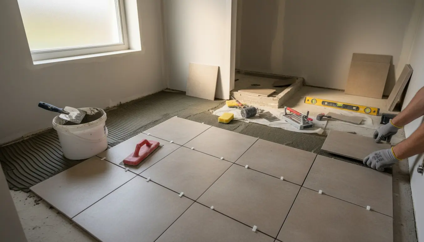 Partielt flisebelagt lille badeværelse med stakke af fliser, værktøj og fugearbejde.