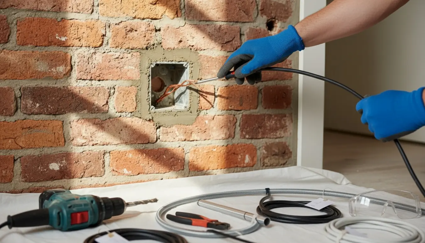 Nærbillede af hands-on arbejde med at flytte elkontakter fra en dørkarm til en indvendig murstensvæg i et 1960'er-hus.