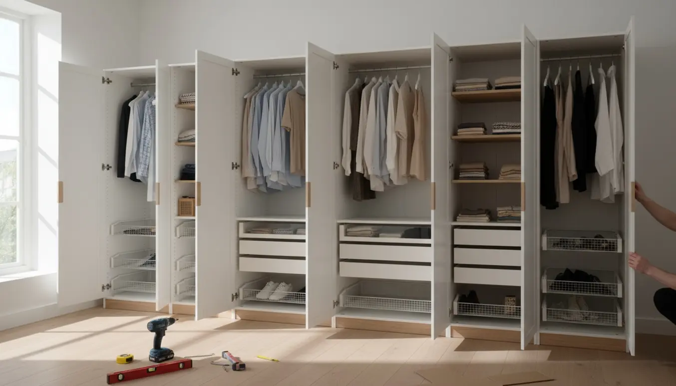 Fem PAX-lignende garderobeskabe i et lyst værelse med åbne skabslåger og værktøj på gulvet.