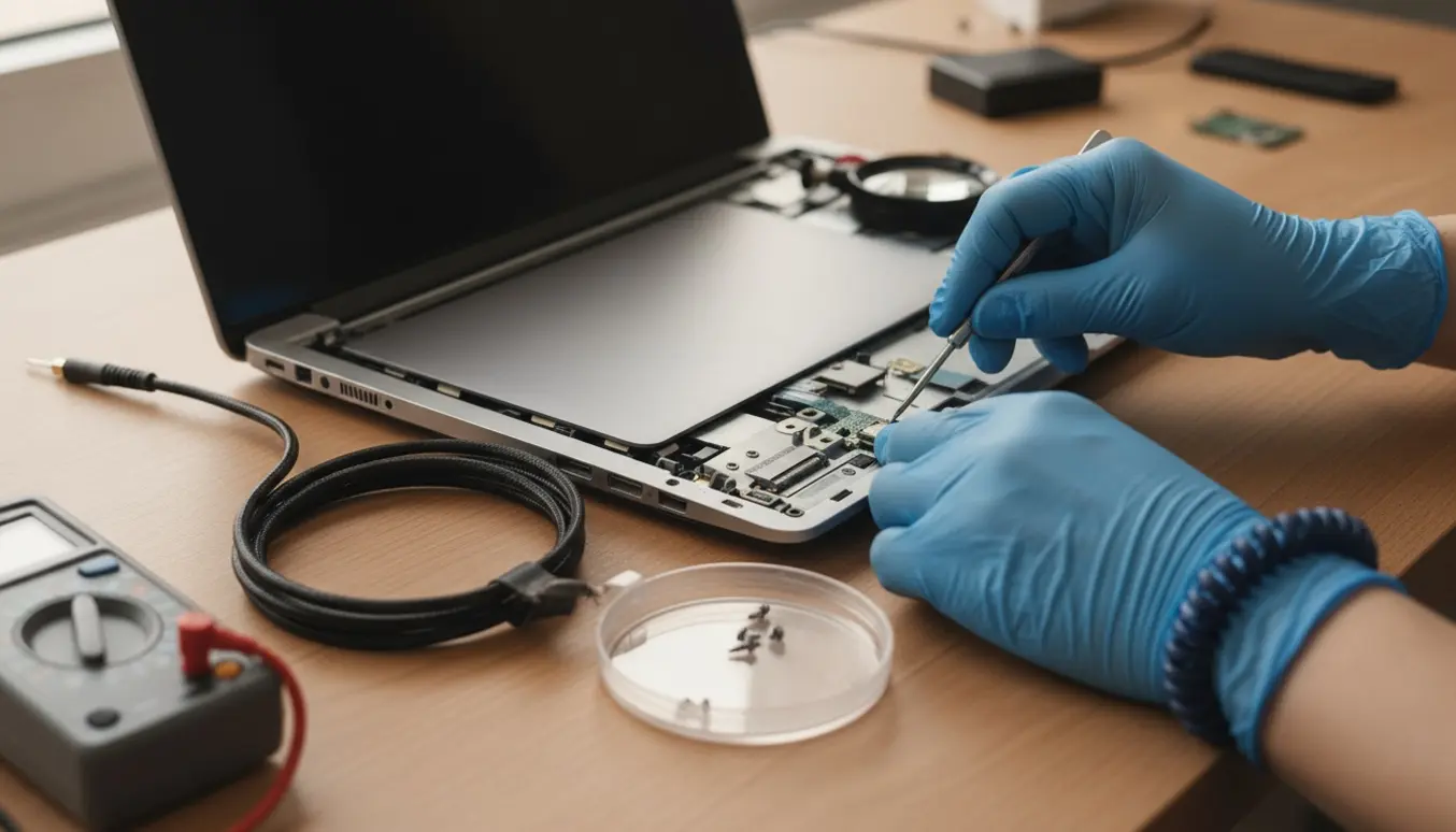 Hænder reparerer en bærbars ladeport med værktøj og multimeter på en ryddet arbejdsplads.