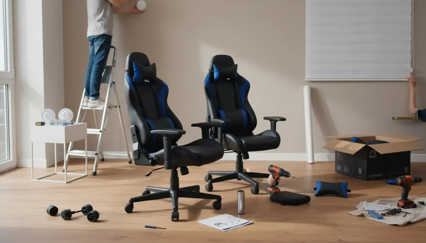 To gamerstole under samling og montering af persienner samt røgalarmer i et lyst, moderne rum.