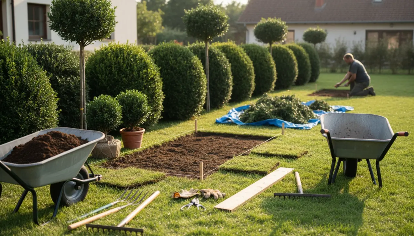 Baghave med græs, nyanlagt bed, to taks i potter og beskårne taks langs hækken, haveredskaber i forgrunden.