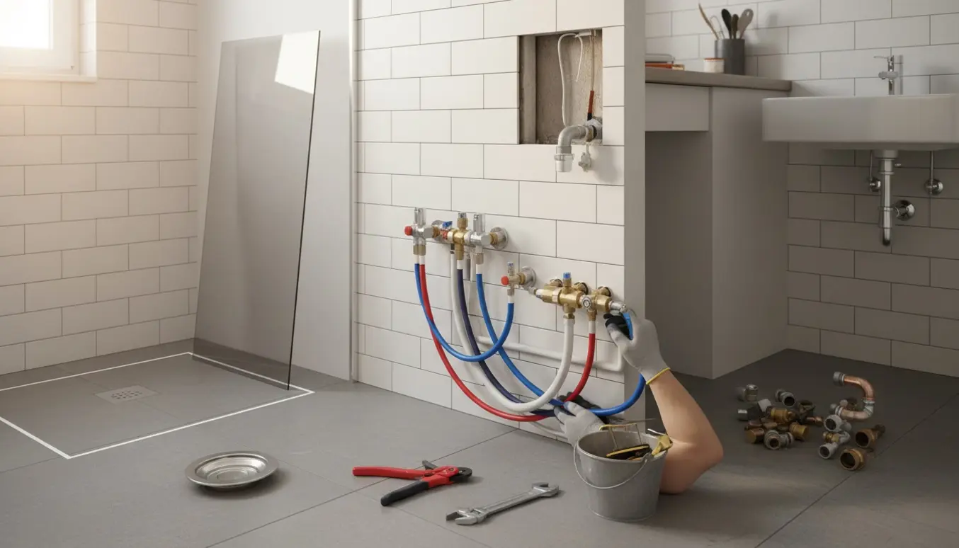 Badeværelse under VVS-installation med PEX rør, stophaner og værktøj klar til montering af håndvask og køkkenvask.